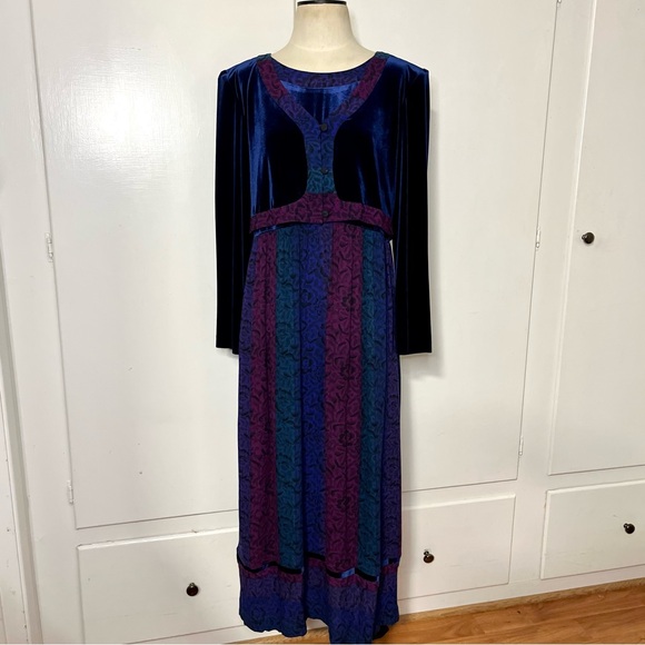 Vintage 80s90s Karin Stevens Blue Velvet Jewel Tone Rayon Maxi Dress - Picture 1 of 8